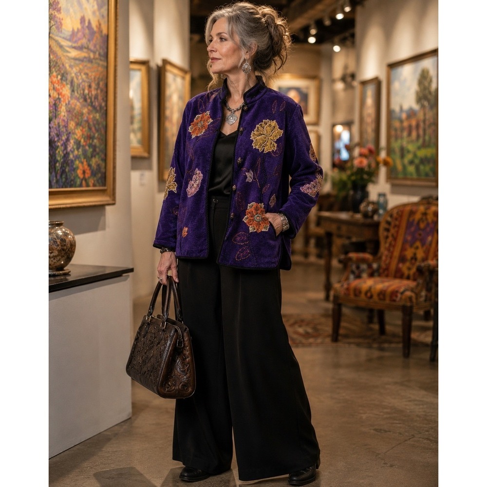 Embroidered Floral Tapestry Jacket Royal Amethyst Purple Artsy Festival Boho NWT